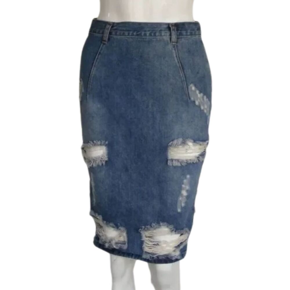 ONE by ONE TEASPOON Denim Skirt, 27", Blue, Free Love, Distressed, Back zip
